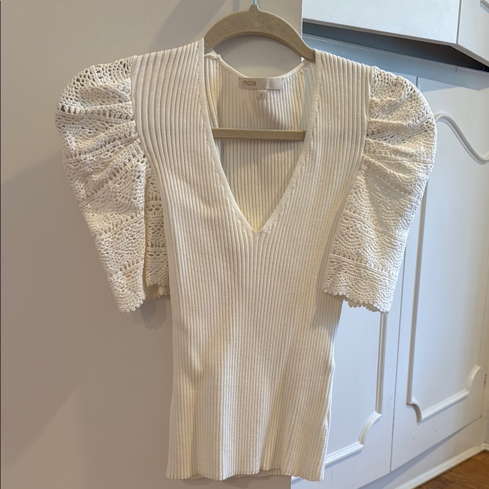 Maje White Ribbed Puff Sleeve Crop Top